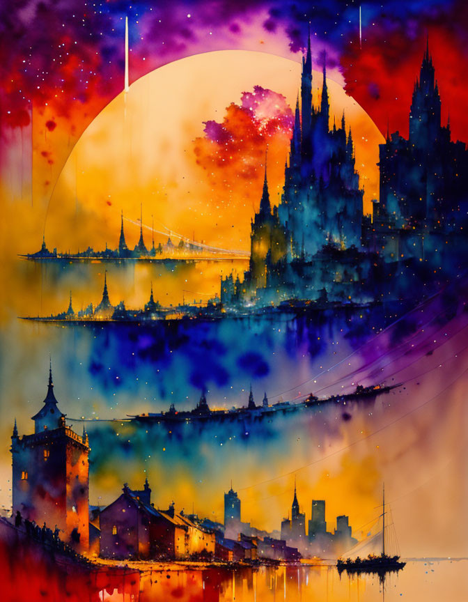 Fantastical cityscape watercolor with spires and orange moon