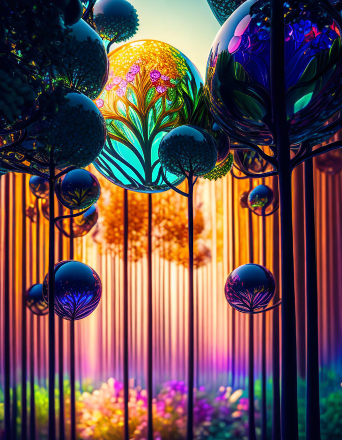 Colorful Surreal Orbs and Intricate Patterns in Vibrant Dreamlike Landscape