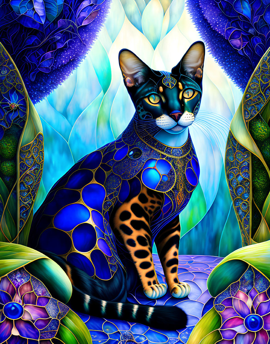 Colorful Digital Artwork: Cat with Intricate Patterns and Jewelry Among Fantastical Flora