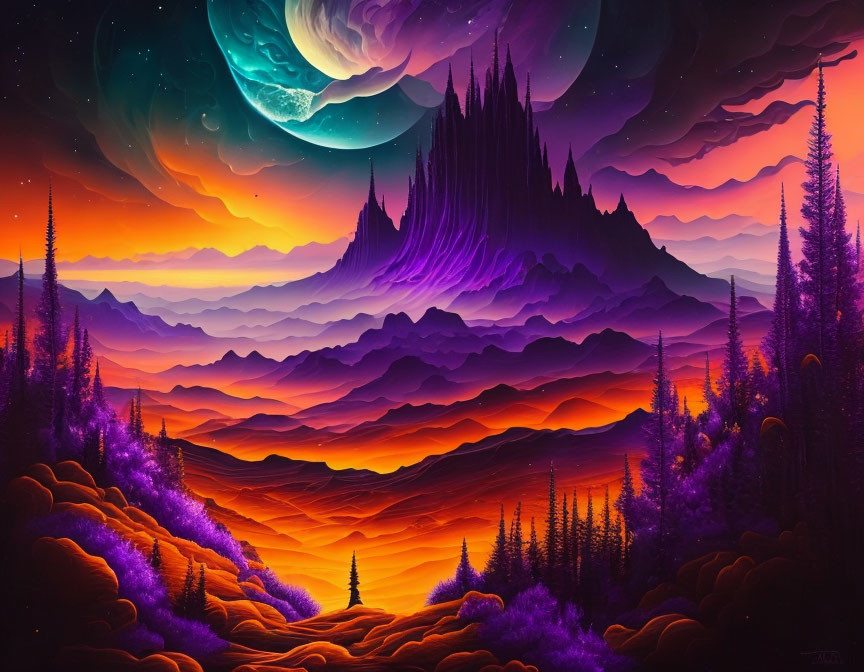 Fantasy landscape with layered mountains, starry sky, moon, purple peaks, colorful valleys