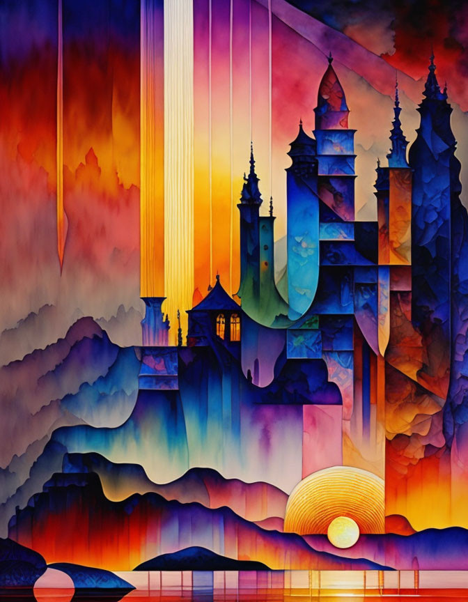 Colorful surreal landscape: sunset over water, castle spires, whimsical clouds