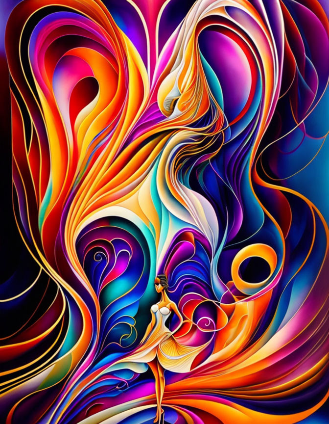 Abstract image with colorful wavy patterns and a central female figure blending in.