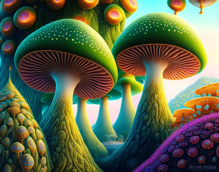 Vibrant oversized mushrooms in alien landscape with intricate gill patterns