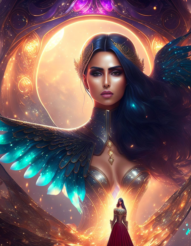 Digital Artwork: Mystical Woman with Dark Hair and Blue Wings