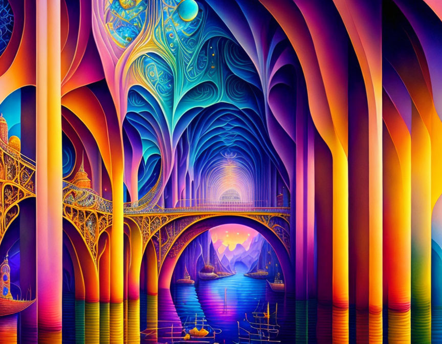 Colorful psychedelic illustration of fantastical landscape with ornate archways, bridge, and celestial bodies.