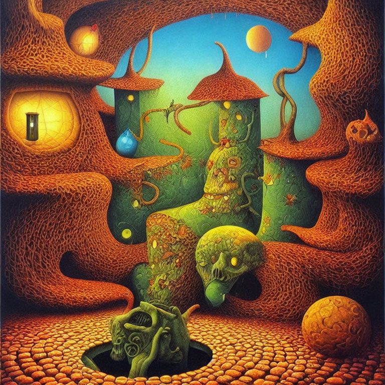 Surreal artwork with organic shapes: mushrooms, trees, vibrant oranges and greens, warm light,