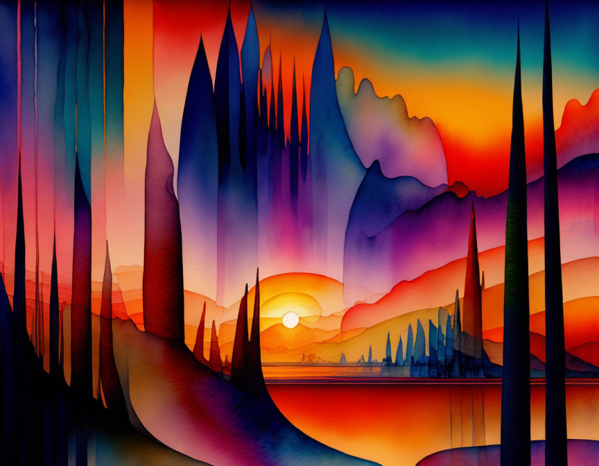 Colorful watercolor landscape with silhouetted spires and sunset hues