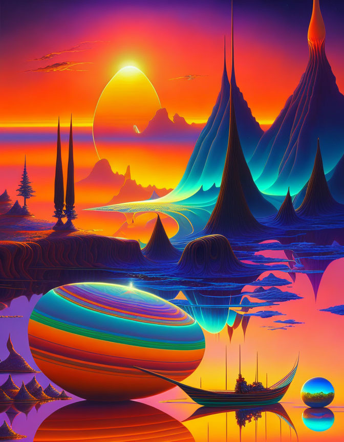 Surreal landscape with spires, water, sailing vessel, orbs, and sunset