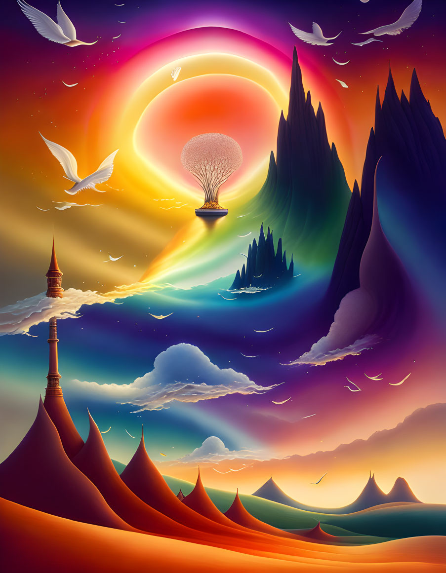 Colorful Skies Over Fantasy Landscape with Floating Island