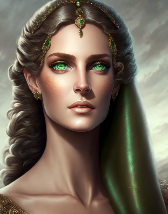 Detailed portrait of woman with green eyes, ornate headpiece, earrings, and wavy hair.