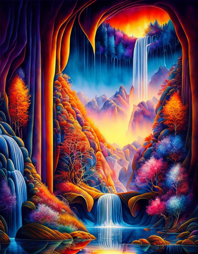 Scenic landscape with waterfalls, misty mountains, and autumn trees at sunrise or sunset