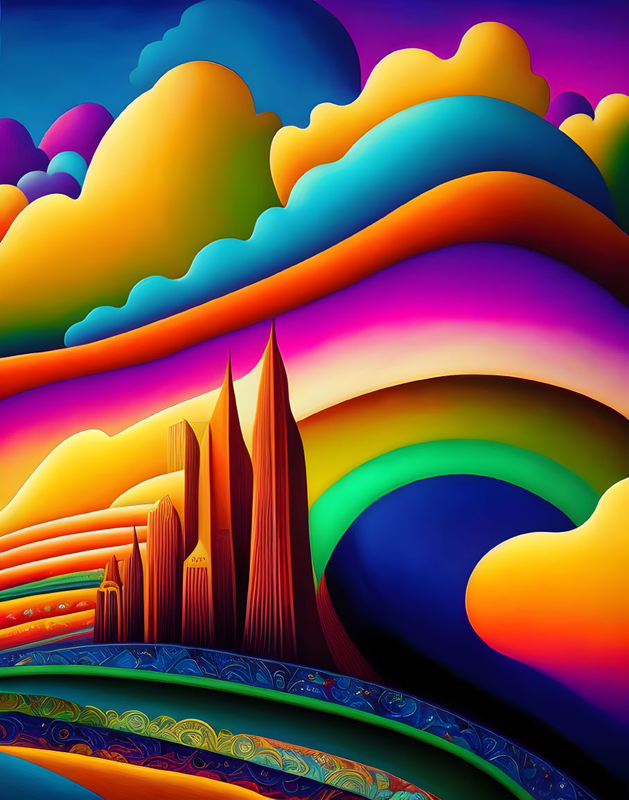 Colorful Stylized Landscape with Rolling Hills and Towering Spires