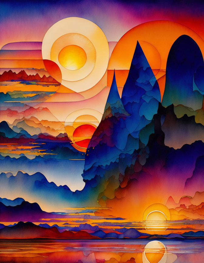 Vibrant digital artwork: Blue and orange mountain landscape with multiple suns