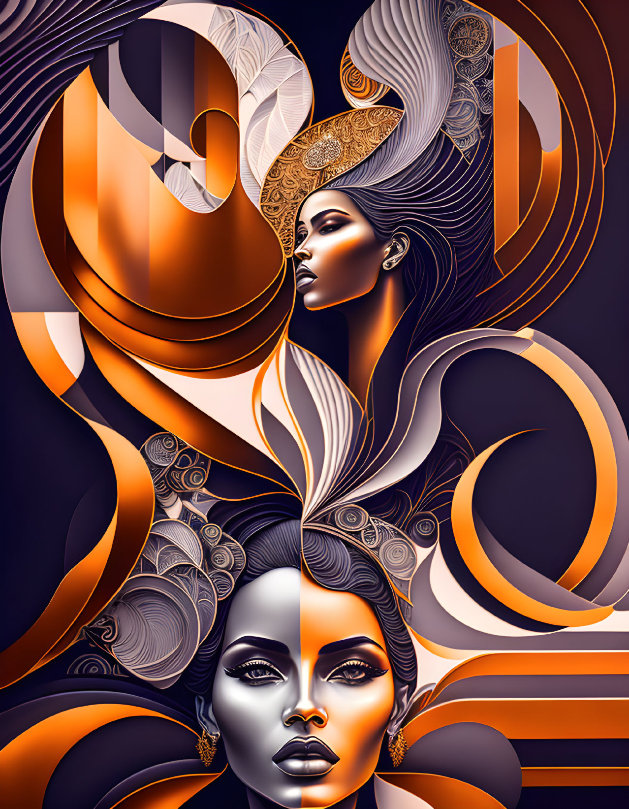 Stylized woman with orange and gold patterns on dark background