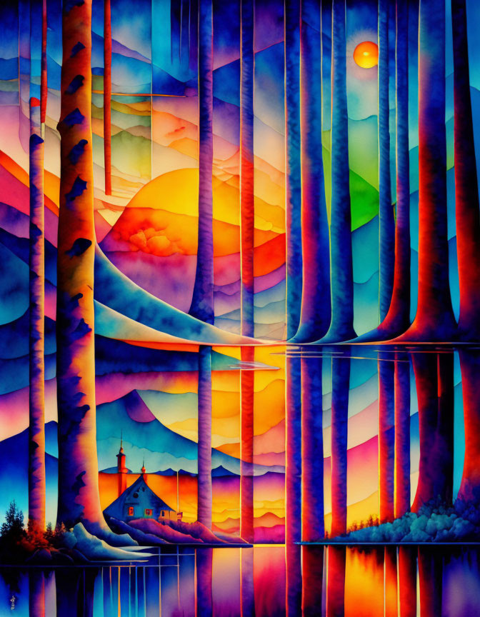 Colorful watercolor forest scene with stylized trees, setting sun, cabin, and lake