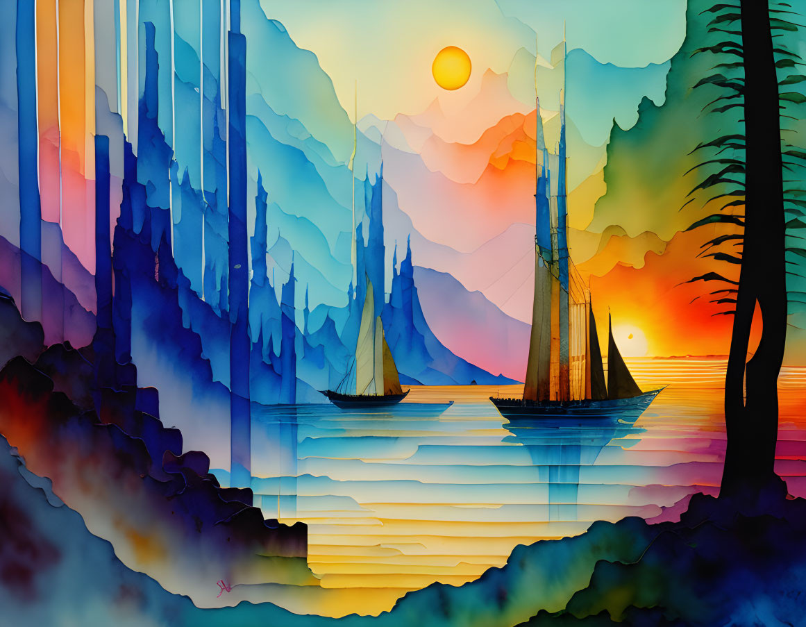 Sailboats Watercolor Painting: Sunset Seascape with Mountains