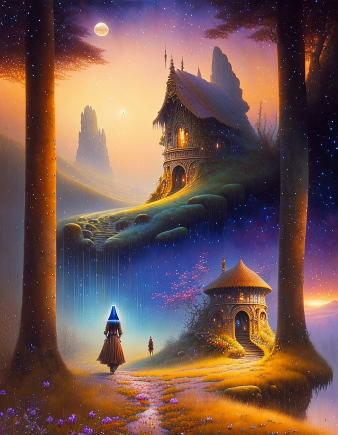 Fantasy landscape with luminous waterfall, mystical house, full moon, and starlit figures.