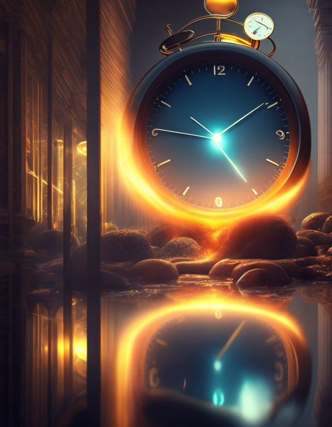 Surreal glowing clock in hallway with golden light reflection