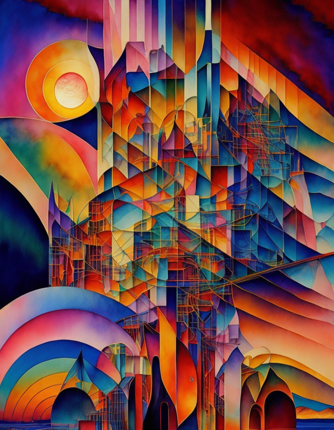 Colorful abstract painting: geometric cityscape against sun and sky.