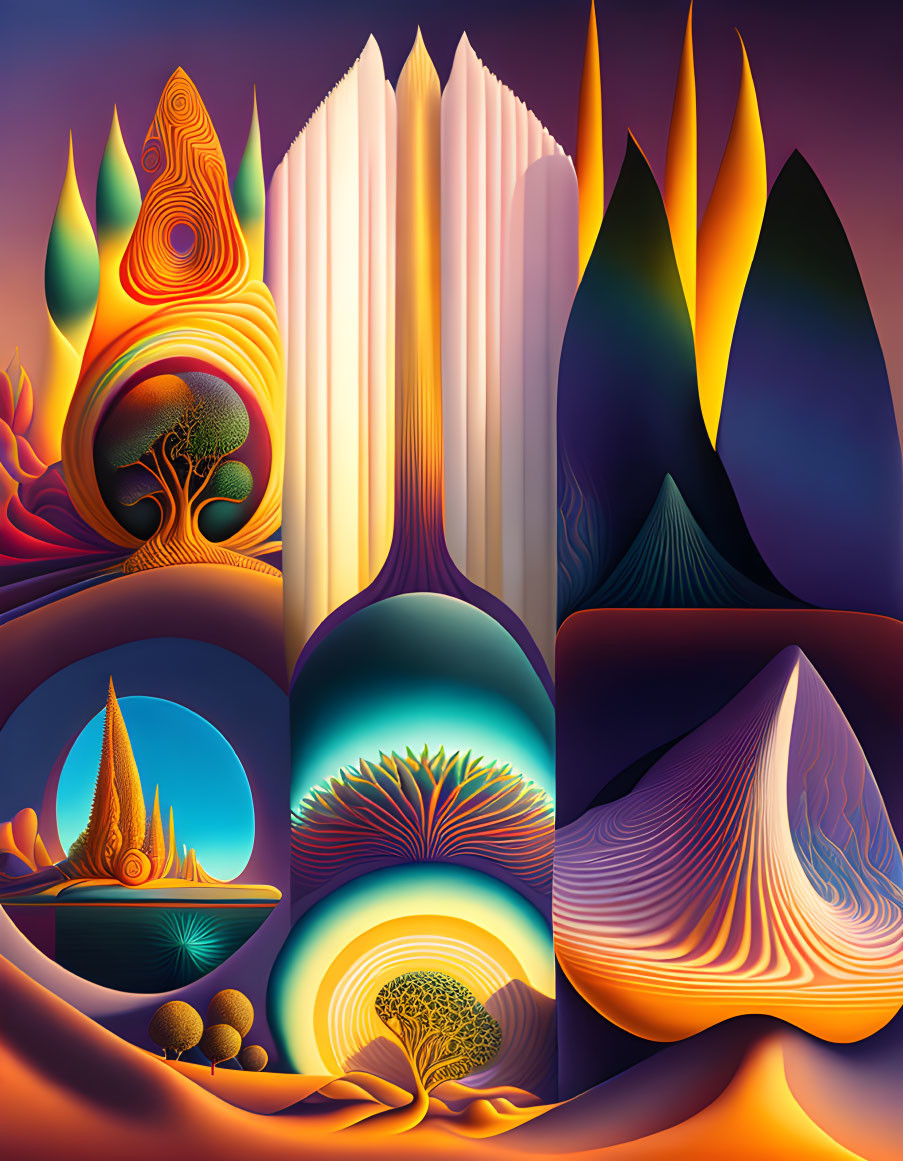 Colorful Flame-Like Shapes with Tree Motifs on Gradient Background