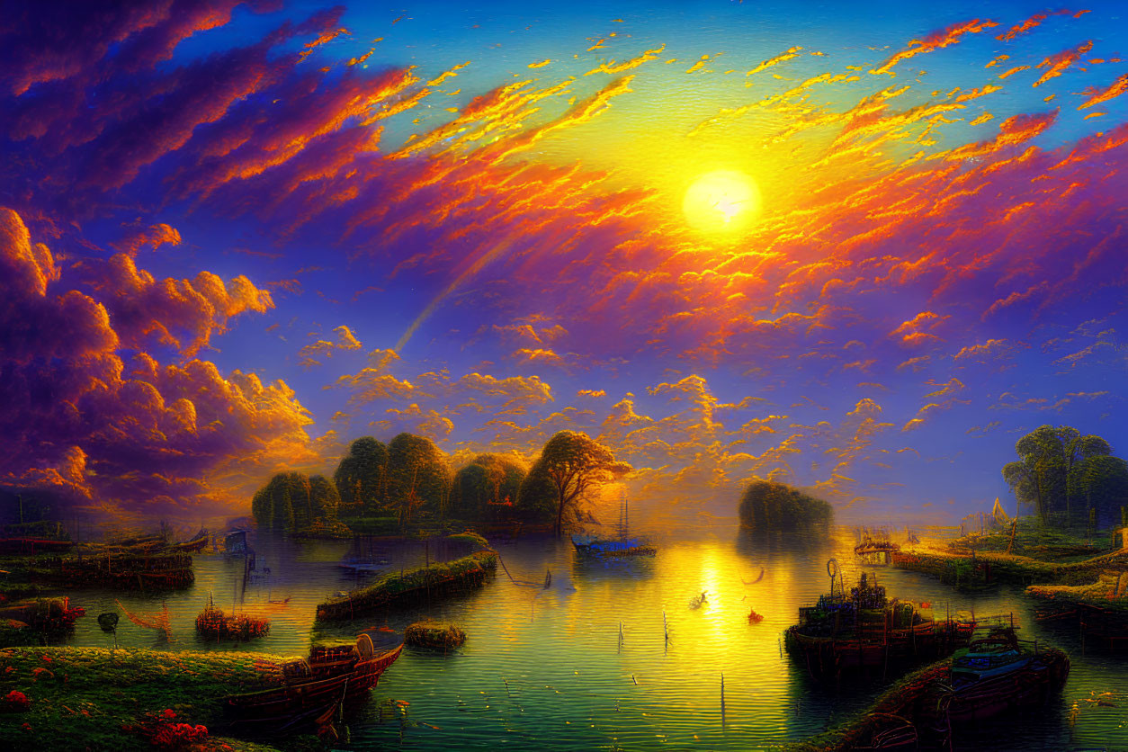 Colorful sunset river scene with boats and trees reflected in water