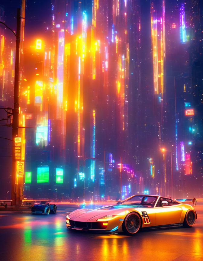 Futuristic city street at night with neon lights and flying cars in blue and orange hues