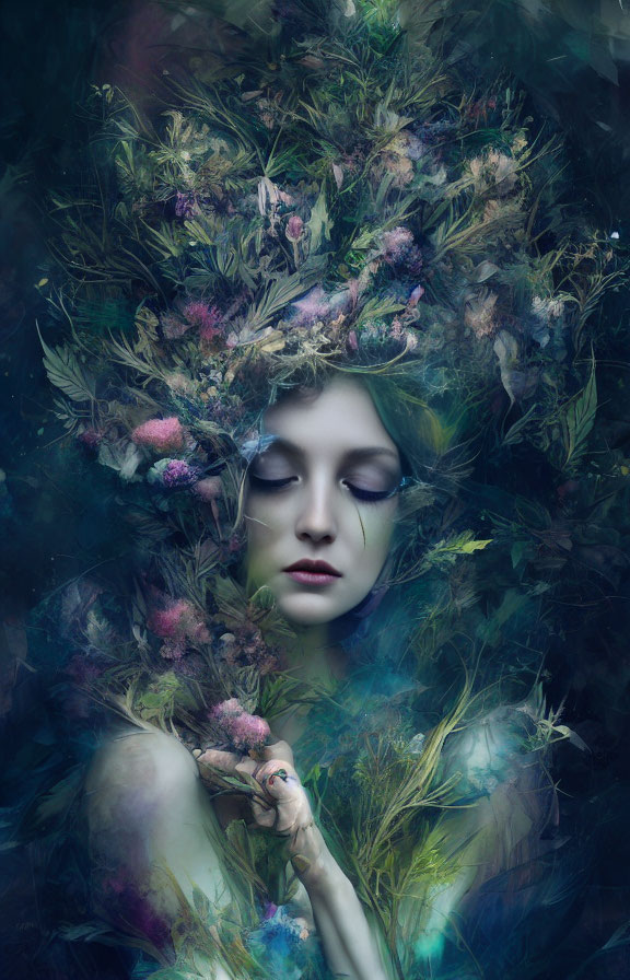 Serene woman with closed eyes surrounded by vibrant wildflowers and greenery in mystical dark floral backdrop