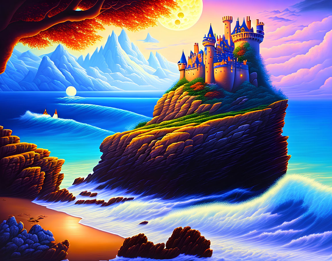 Fantasy landscape with castle on cliff, waves, mountains, dual sky