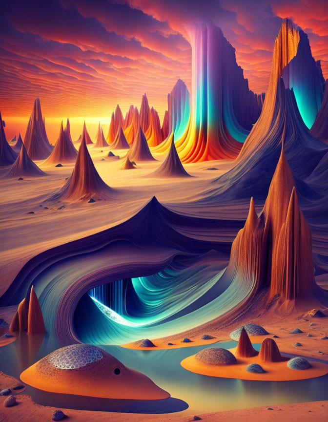 Vibrant surreal desert landscape with melting rock formations under dramatic sunset sky