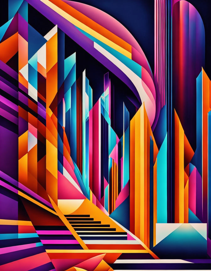 Colorful Abstract Futuristic Cityscape with Geometric Shapes