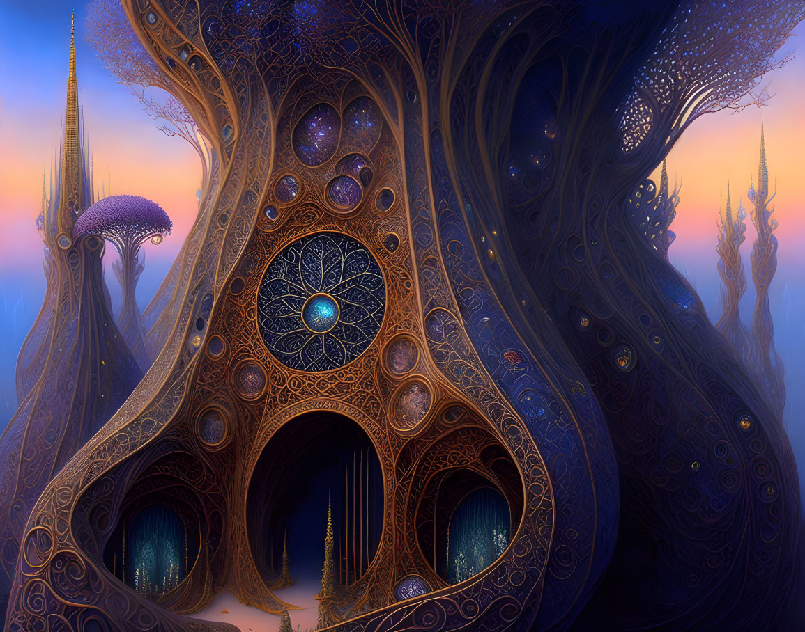 Mystical tree with ornate patterns, glowing orbs, archways at twilight