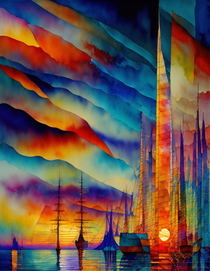 Sailboats and spires in vibrant sunset seascape