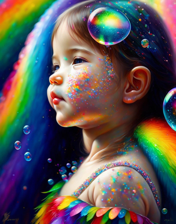 Child with Rainbow-Hued Hair and Colorful Freckles Surrounded by Bubbles