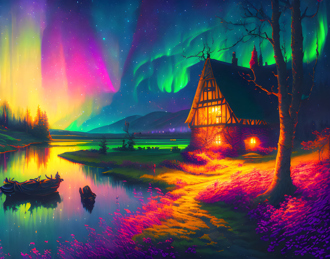 Illustration of aurora night sky above cottage by lake