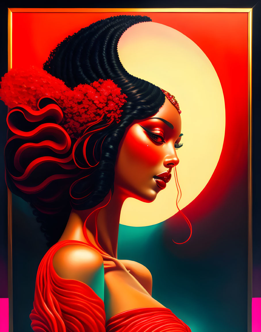 Colorful digital artwork of a woman in red dress with ornate hairstyle and sun motif backdrop