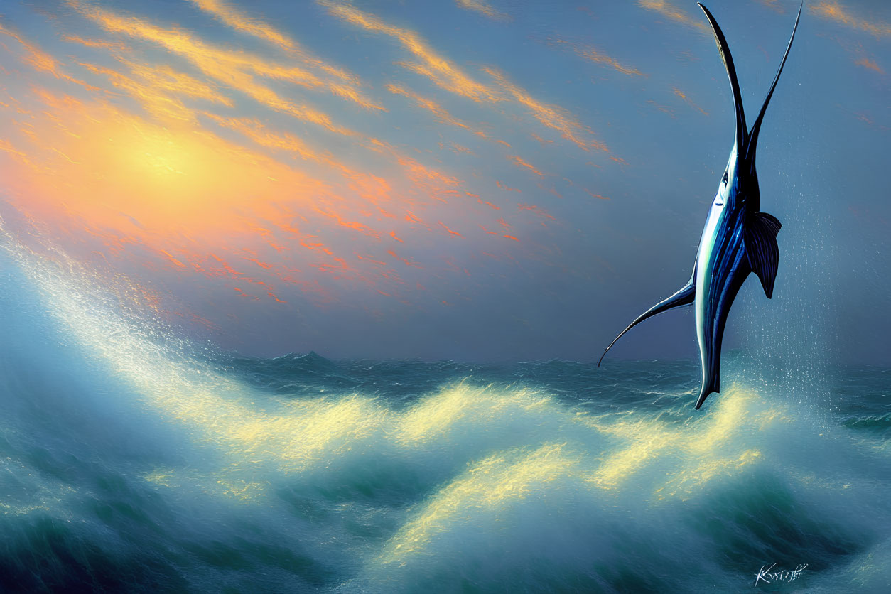 Sailfish leaping in sunset ocean waves with golden sky reflections