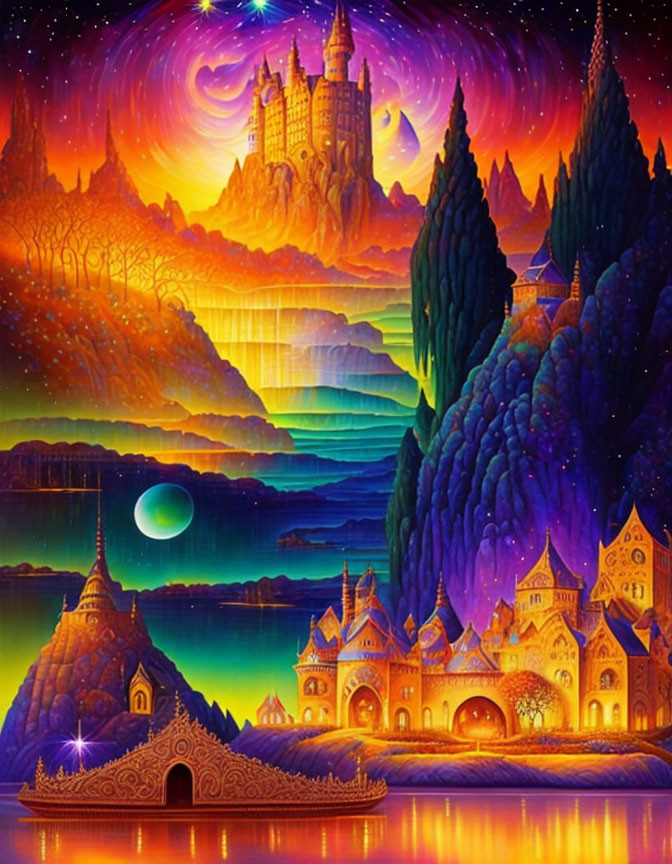 Colorful fantasy landscape with castle, stars, nebulae, water reflection, and glowing moon