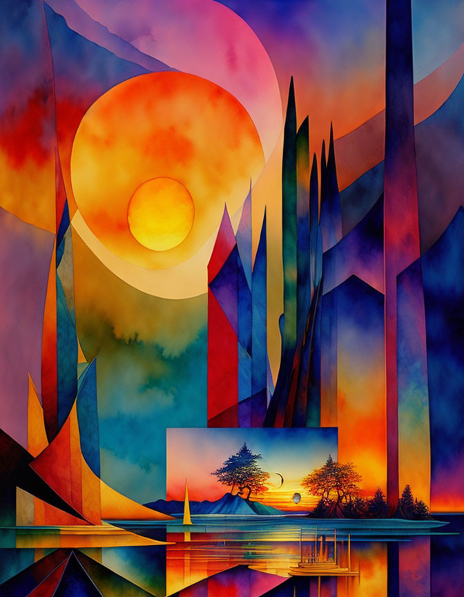 Colorful abstract painting: Geometric shapes create surreal landscape with sun and tree.