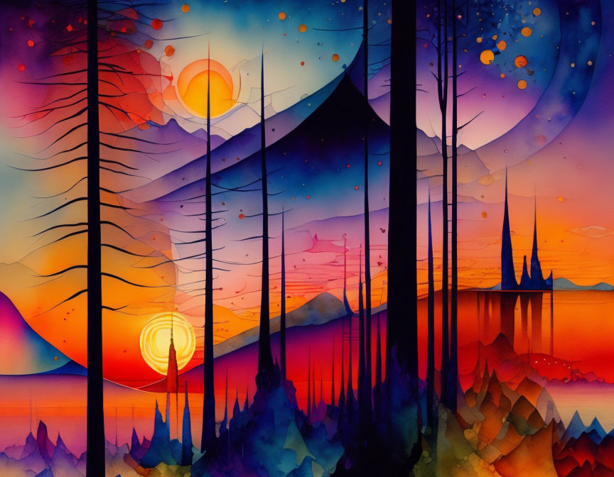 Vibrant landscape with silhouette trees, mountains, and castle under gradient sky.