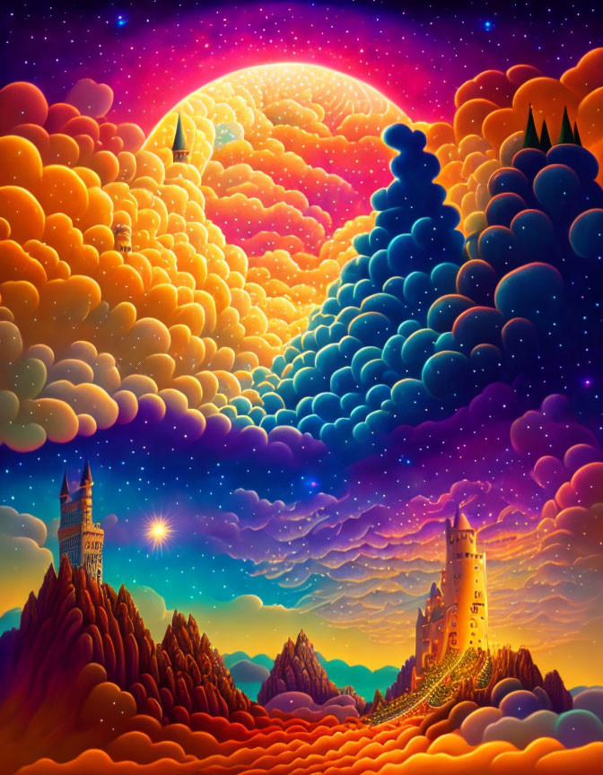 Fantasy artwork: surreal sky, cloud stairs, moon, castle towers, hills