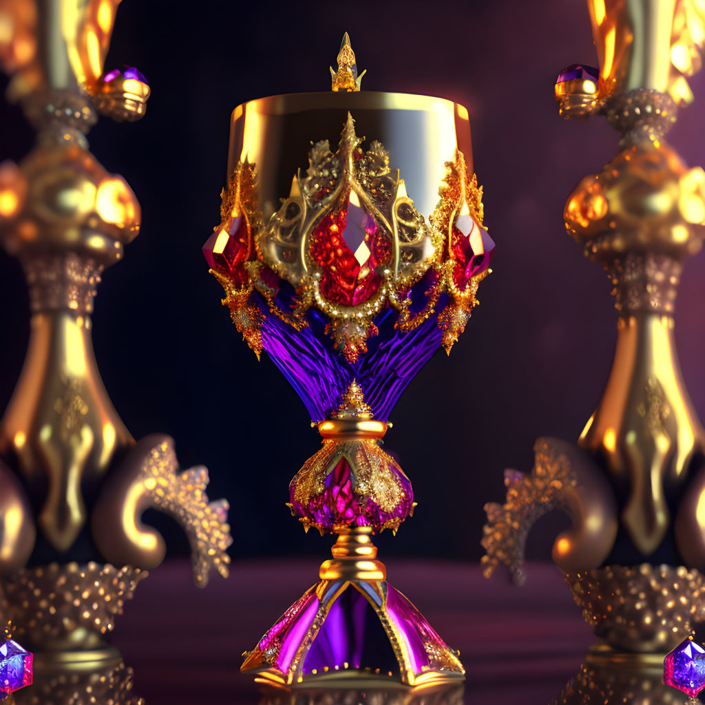 Golden chalice with gemstones and intricate designs on purple and black background