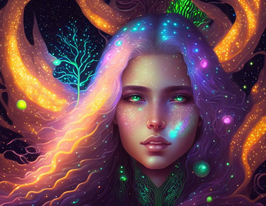 Fantastical portrait featuring galaxy-themed hair and cosmic elements