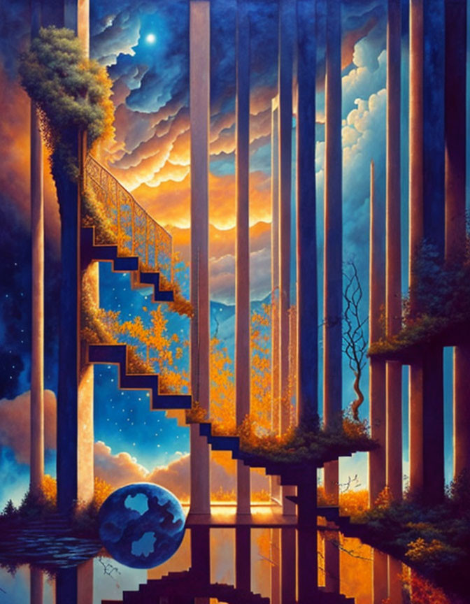 Surreal painting with towering pillars, staircase, star-filled sky, reflective water, and glowing sphere