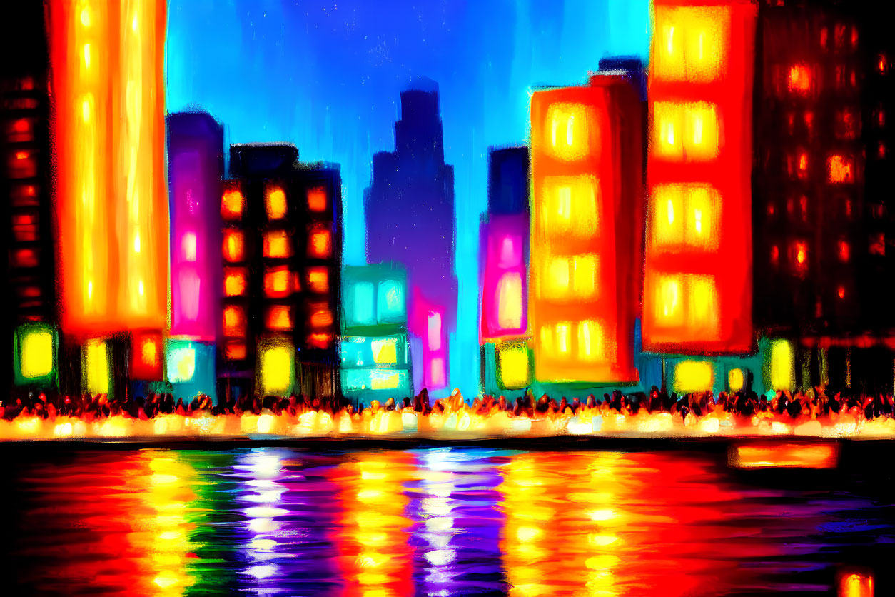 Colorful illuminated cityscape reflected in water at night.