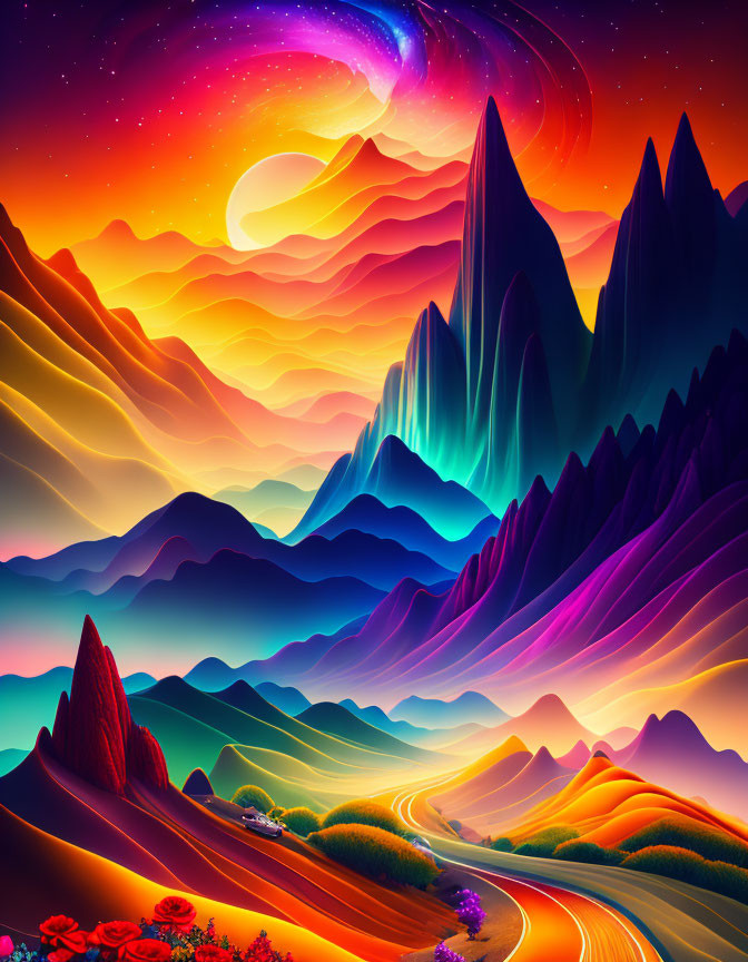 Colorful landscape with neon-lit mountains, galaxy, winding roads, and starry sky.