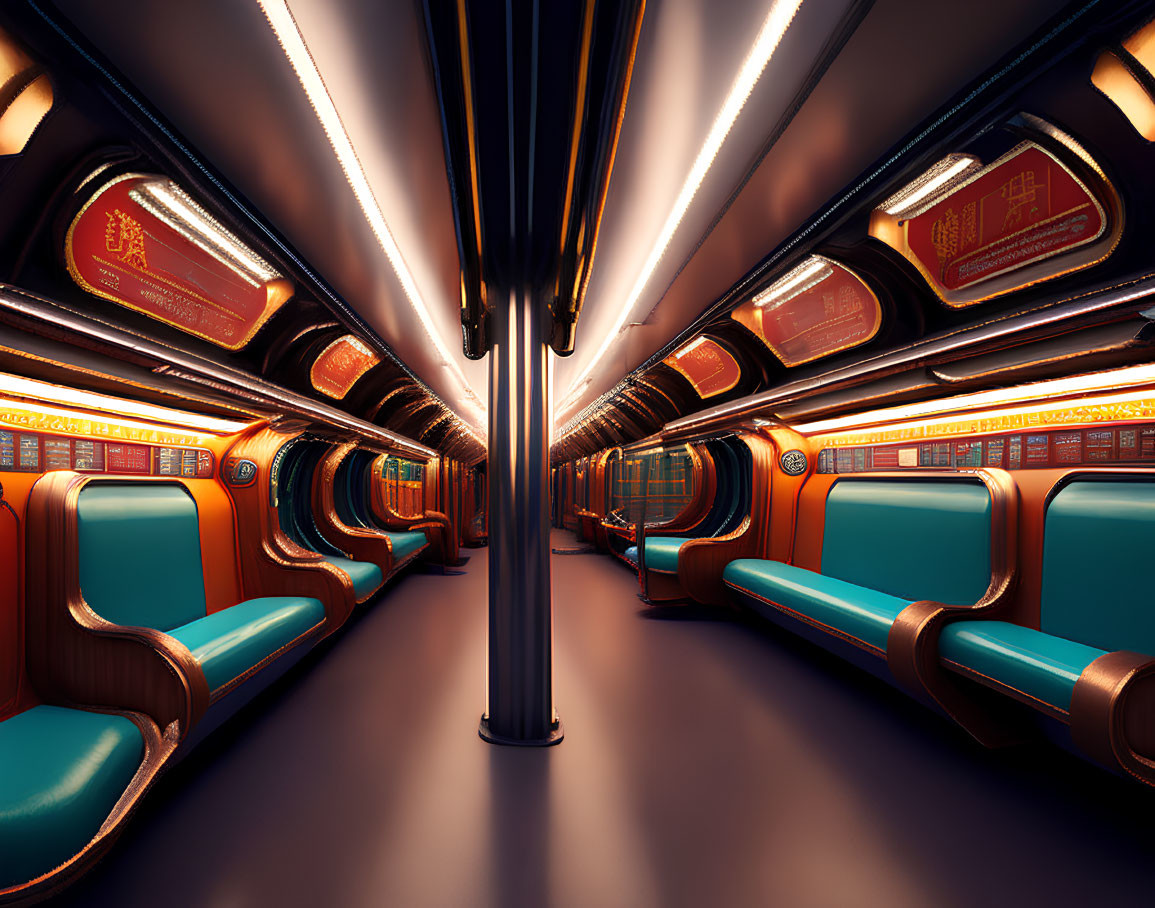 Empty subway car with blue seats, orange walls, bright lights, and Asian script.