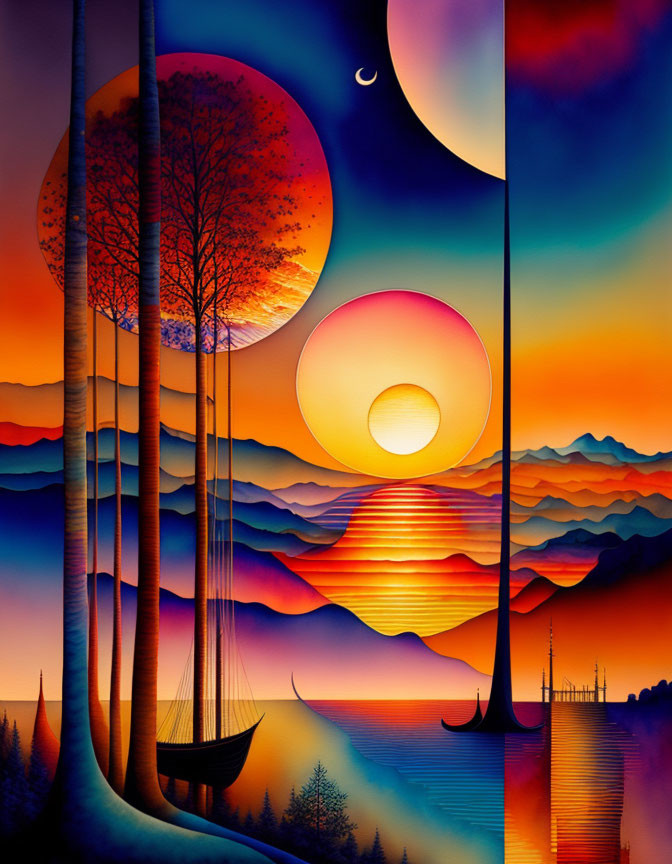 Colorful surreal landscape with layered mountains, sunset, reflective water, trees, and celestial orbs.