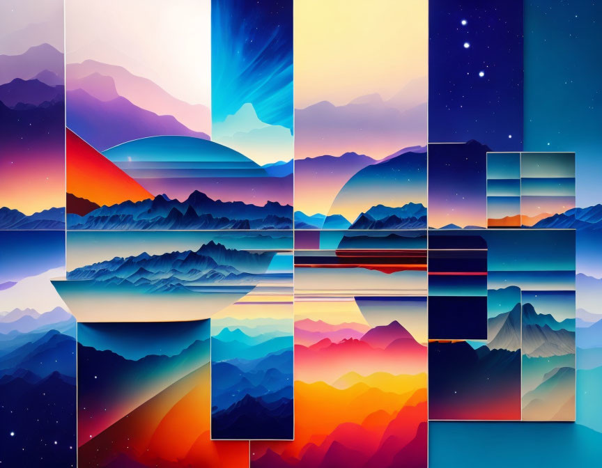 Stylized Mountain Landscapes: Day to Night in Vibrant Collage