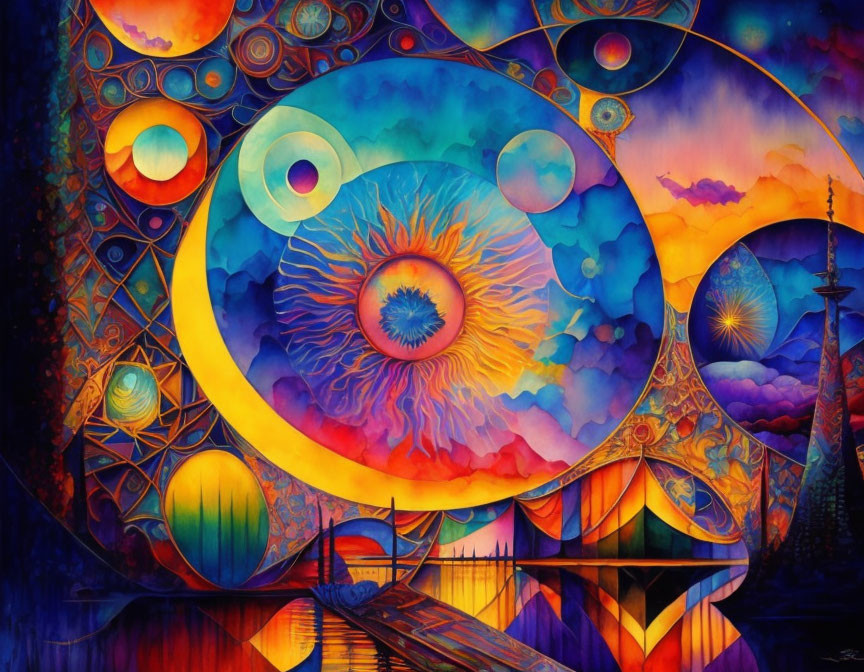 Colorful surreal landscape painting with circular motifs and intricate patterns