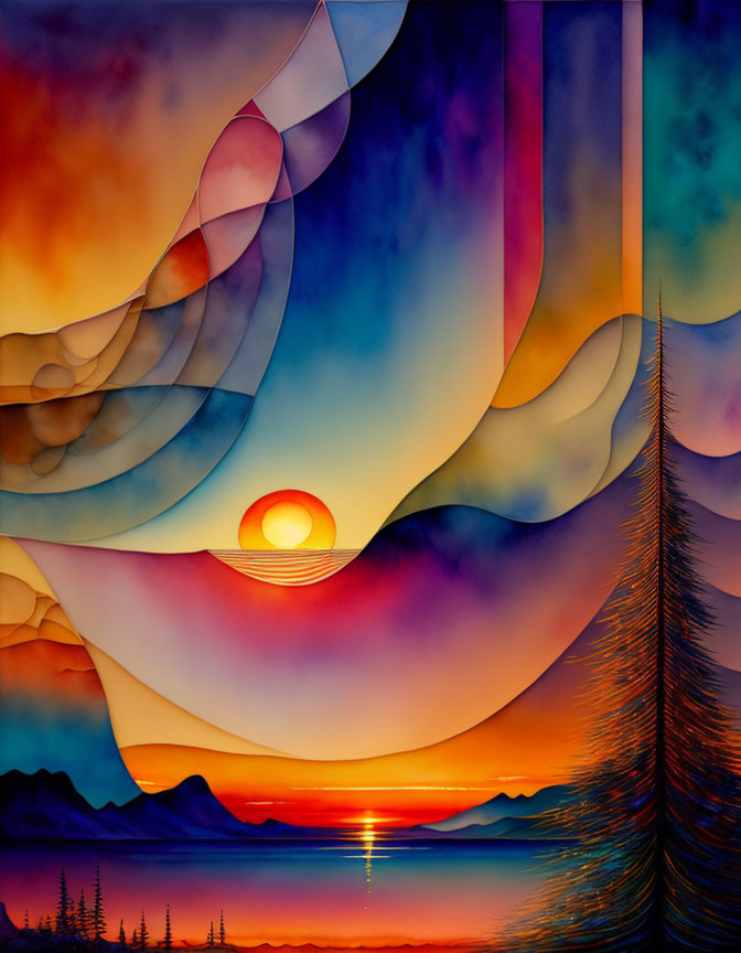 Abstract Sunset Art with Warm Hues and Pine Tree Silhouettes